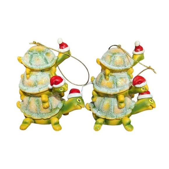 Glittery stacked Turtle Christmas Ornaments With Santa Hats - Set Of 2 - Picture 5 of 9